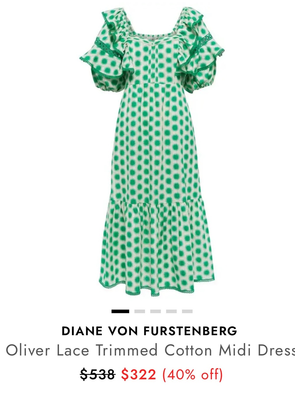 Diane Von Furstenberg DVF Green Polka Dot Puff-Sleeve Midi Dress size 10 Cotton